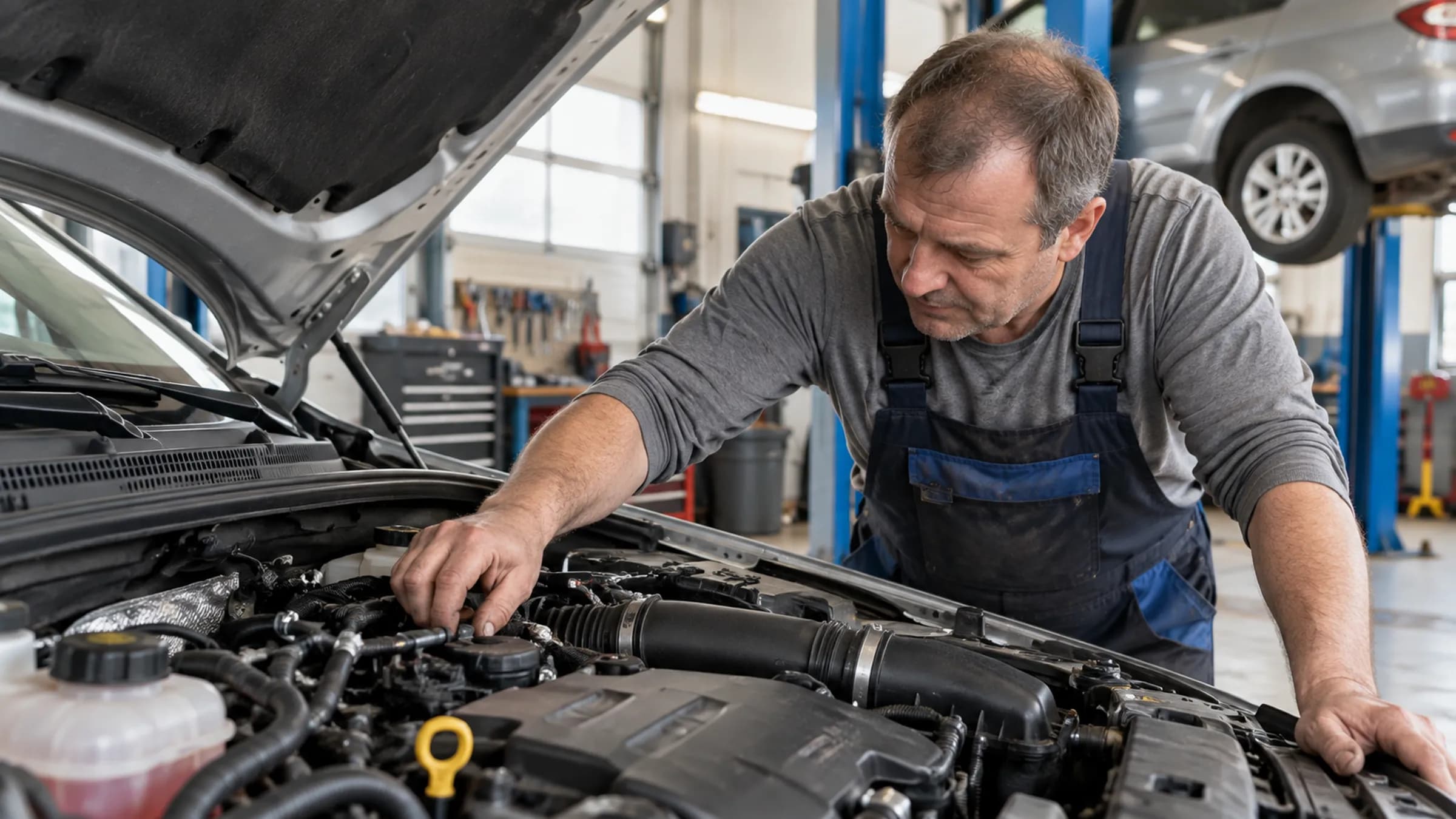 Mechanik kontroluje motor vozu s otevřenou kapotou