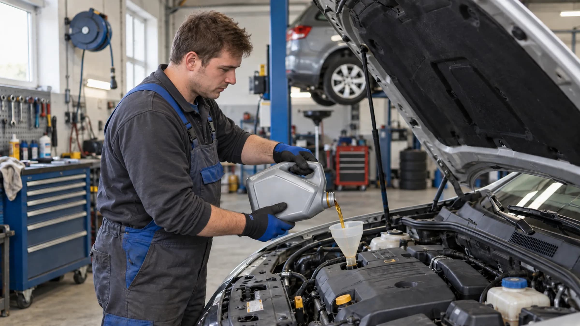 Mechanik doplňuje motorový olej do motoru
