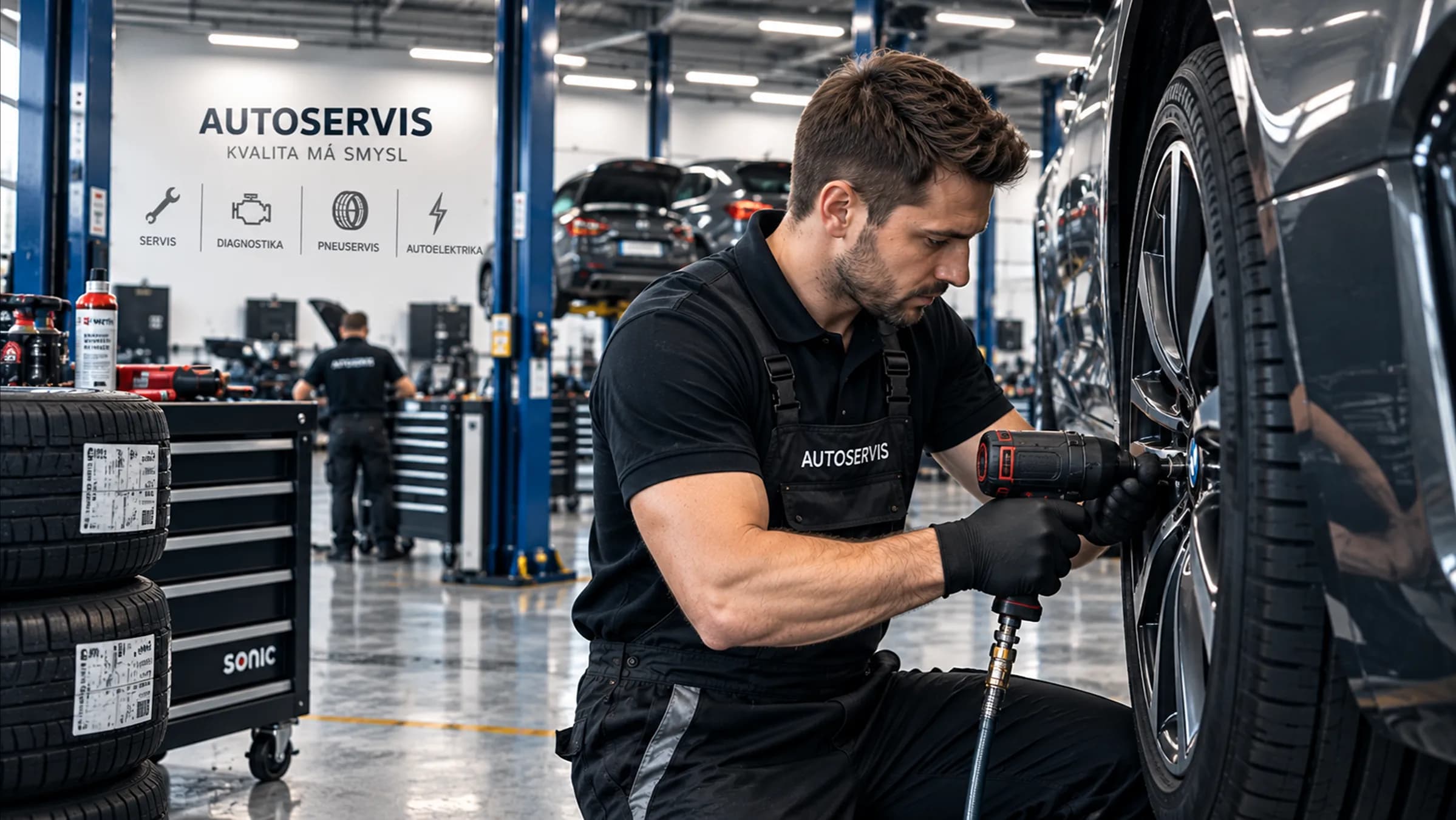 Mechanik utahuje kolo vozu pneumatikovým utahovákem