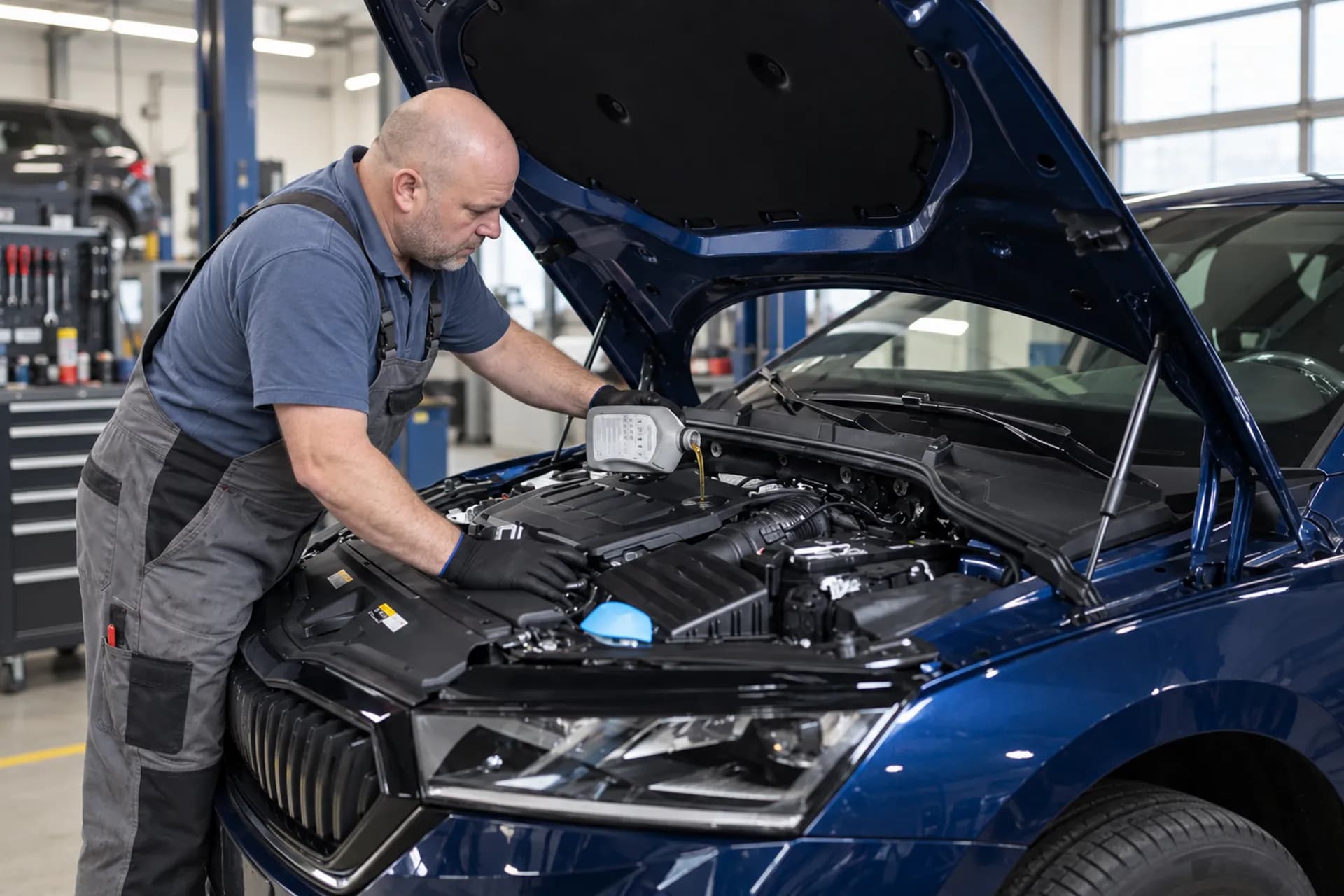 Mechanik doplňuje olej do motoru modrého vozu