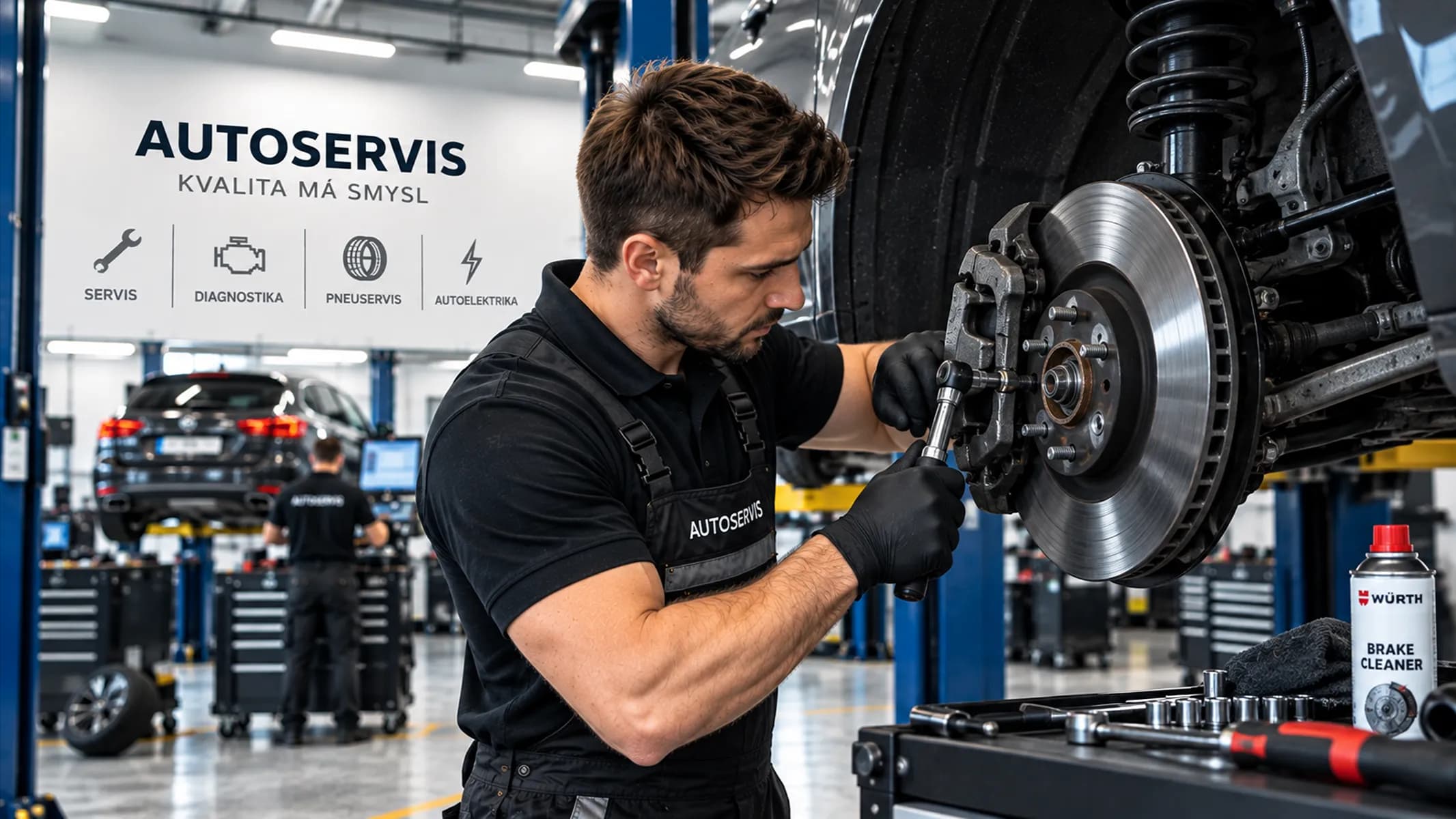 Mechanik vyměňuje brzdový kotouč a třmen