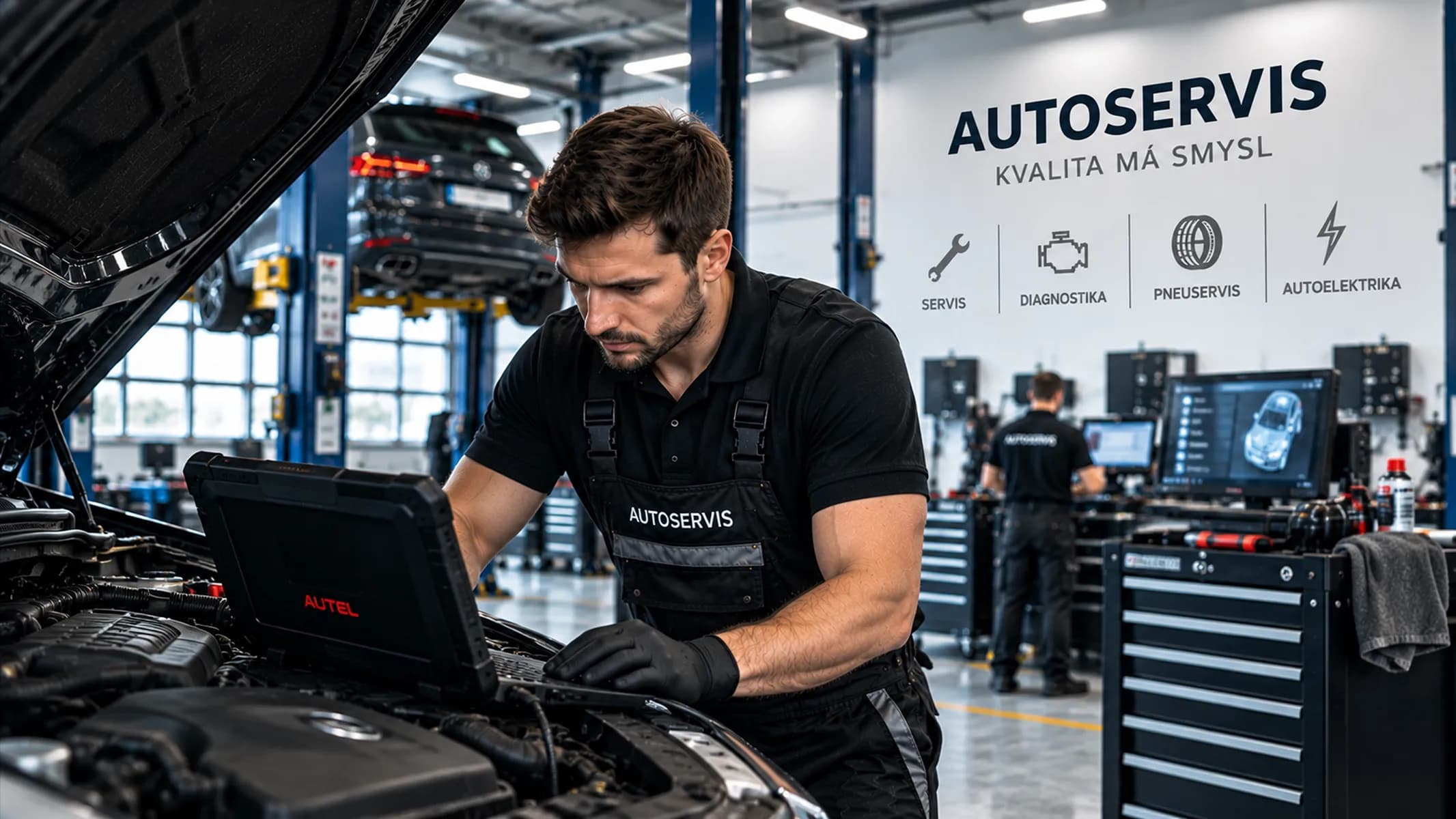 Mechanik s diagnostickým notebookem u motoru