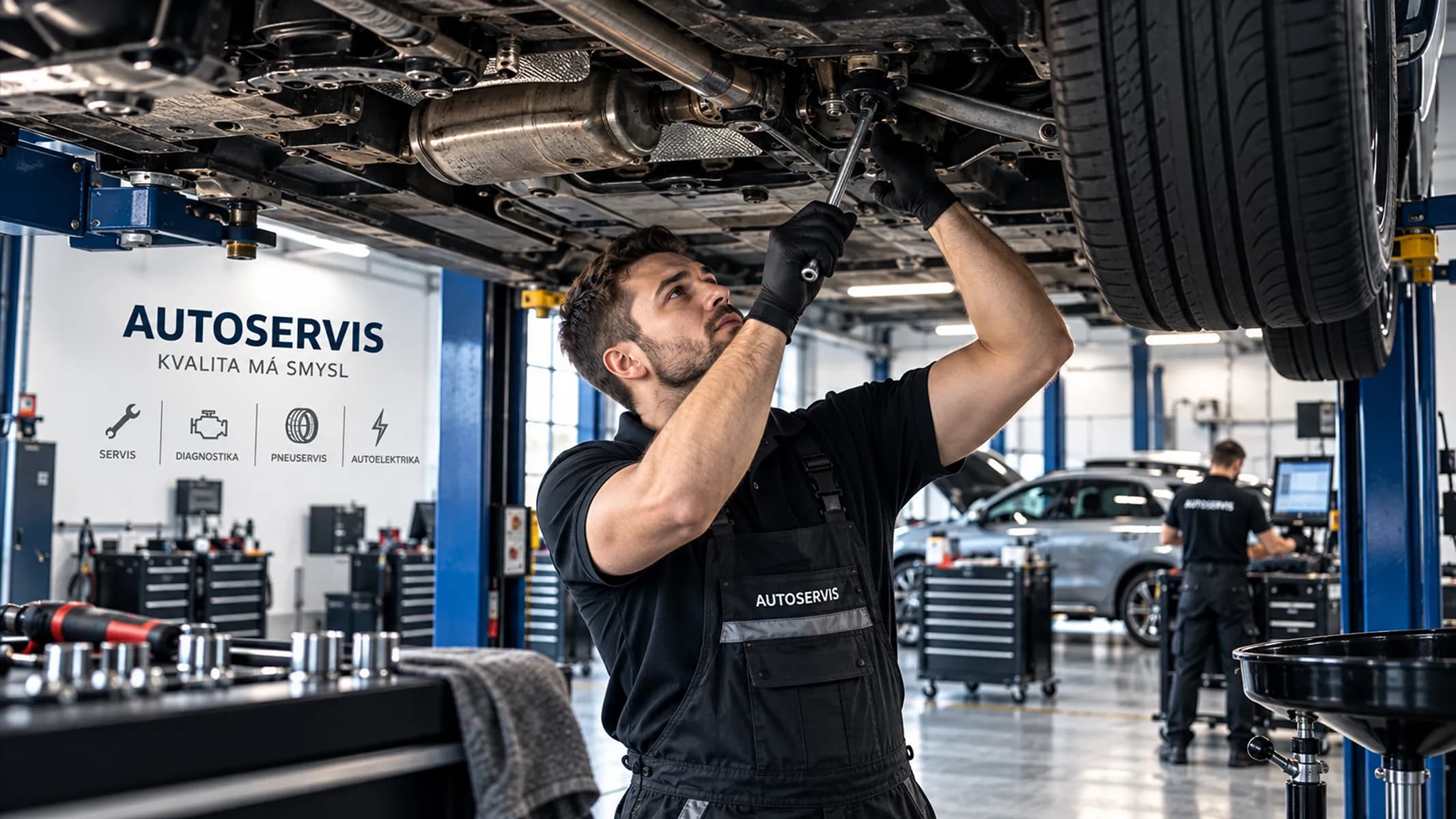 Mechanik s nářadím pracuje pod zvednutým vozem