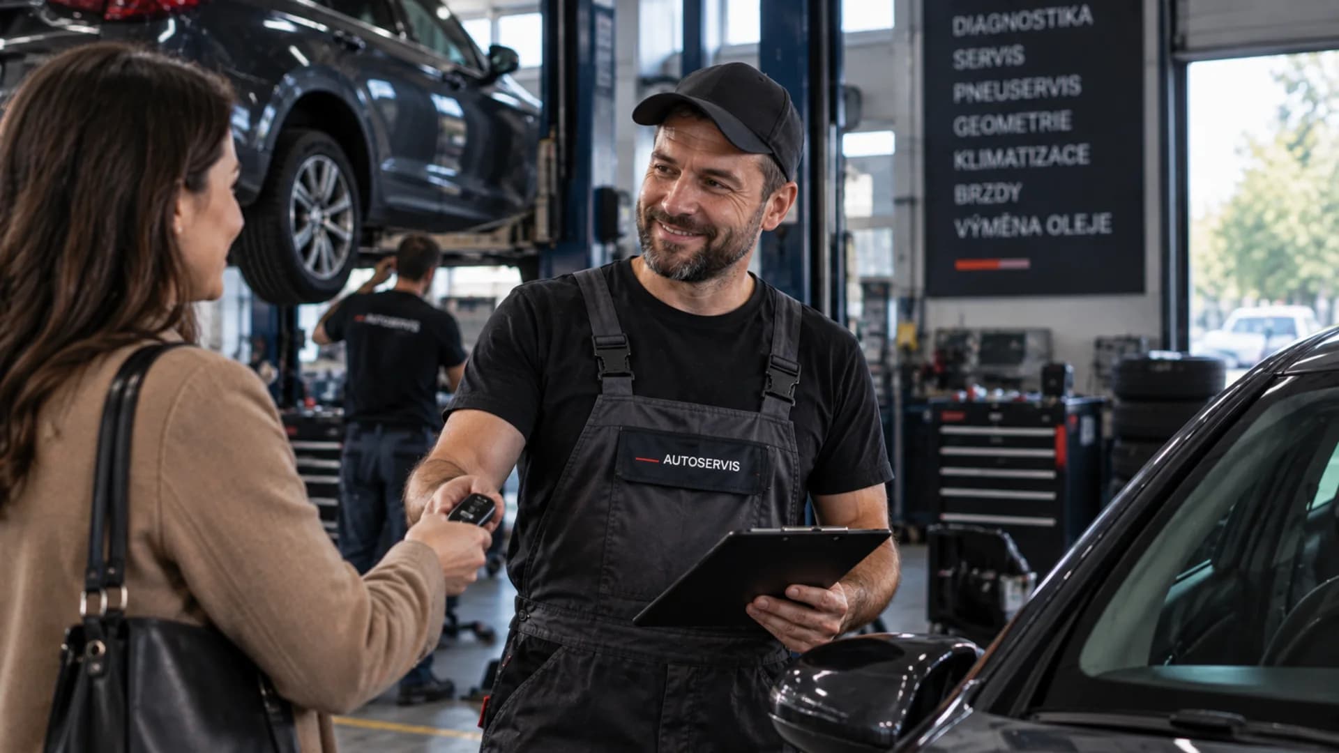 Mechanik předává klíče zákaznici po dokončení servisu