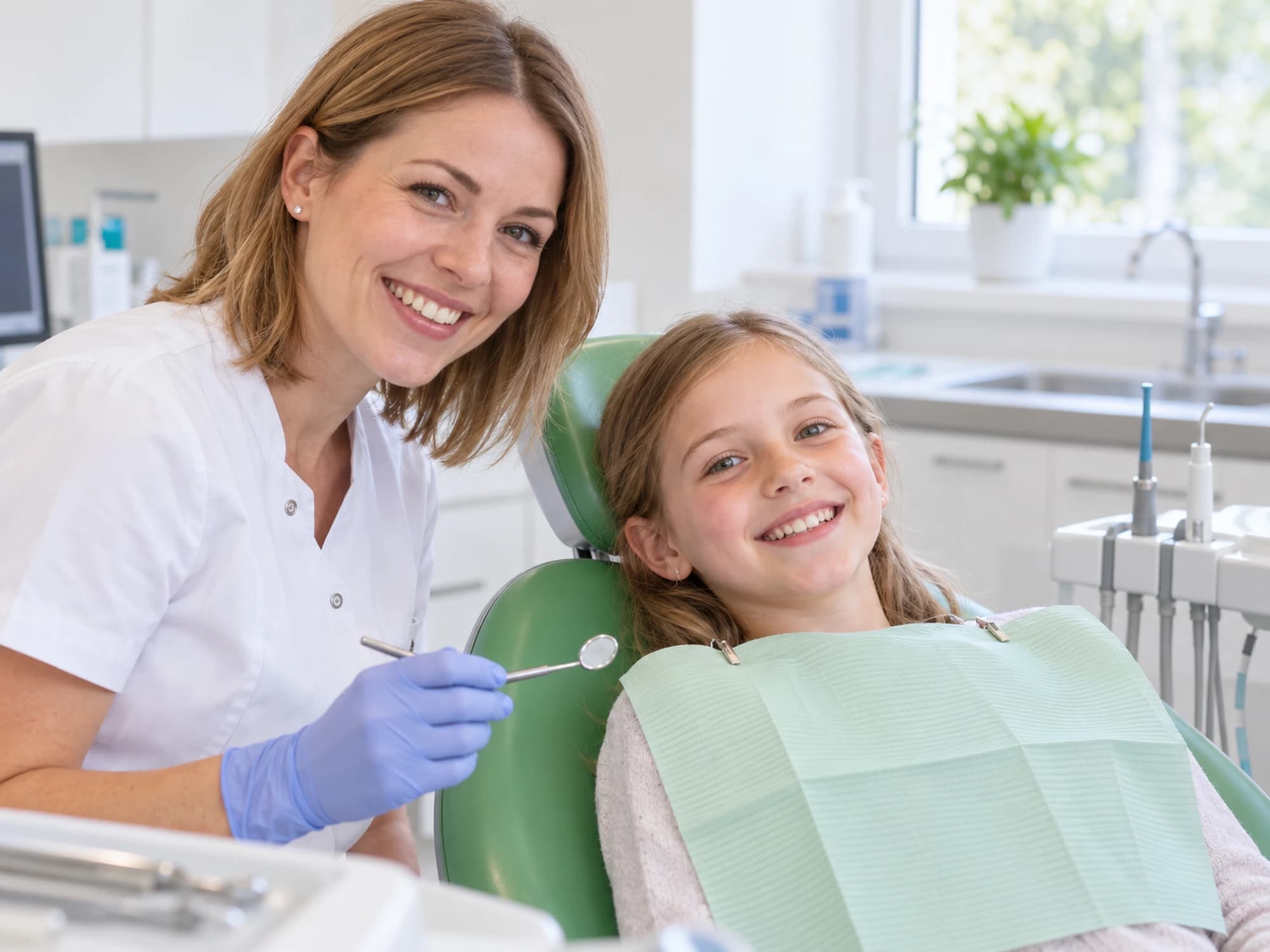 Usměvavá hygienistka s dívkou v křesle