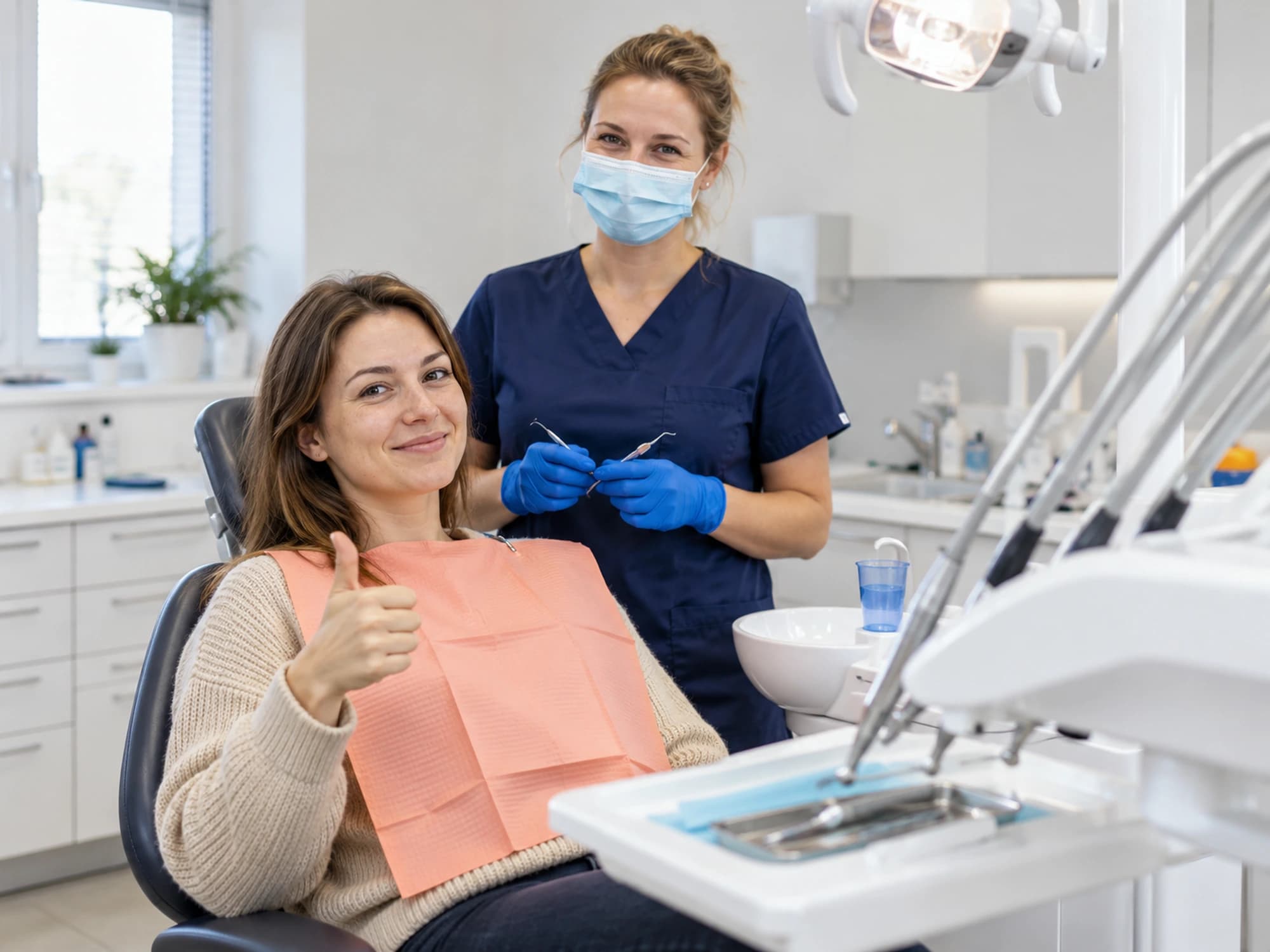 Hygienistka v roušce s usmívající se klientkou, která ukazuje palec