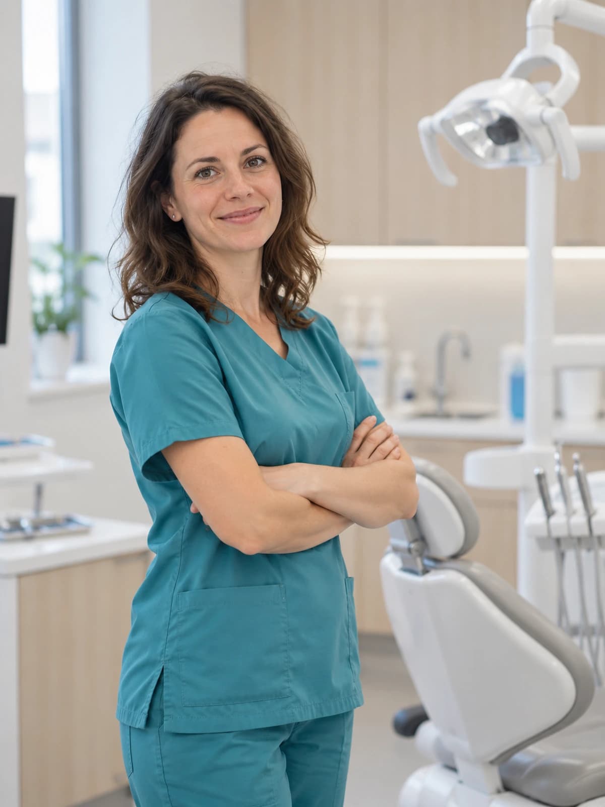 Hygienistka v tyrkysové uniformě se zkříženýma rukama