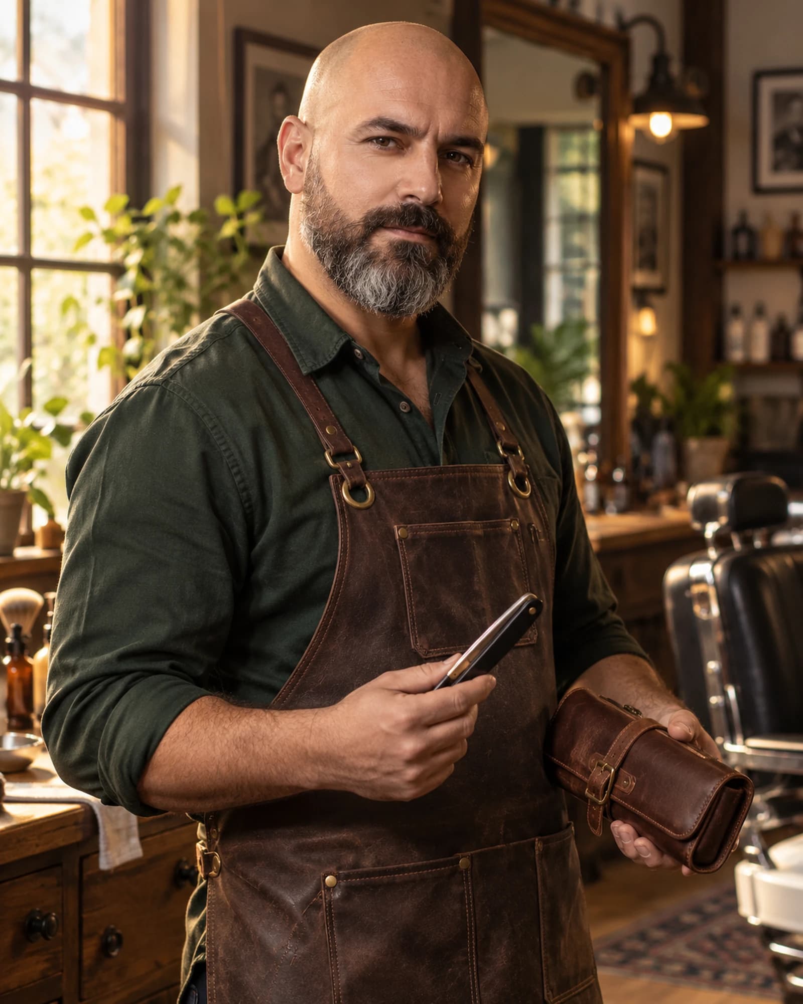 Holohlavý vousatý barber v kožené zástěře s břitvou