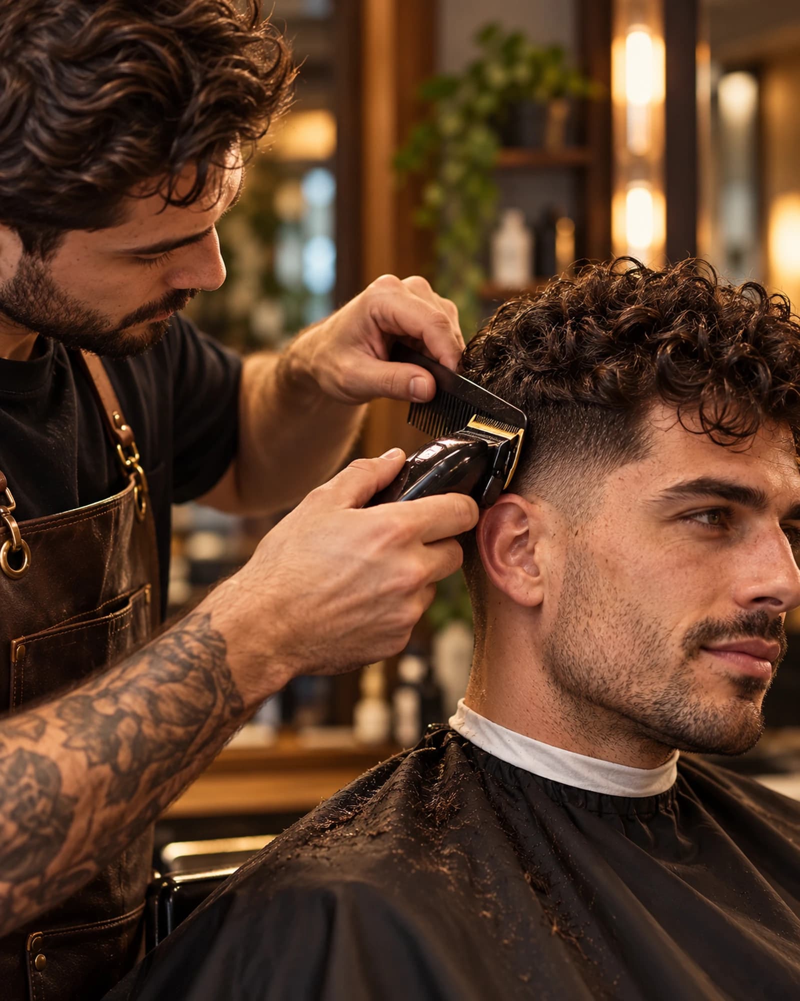 Barber dokončuje fade strojkem u kudrnatého klienta