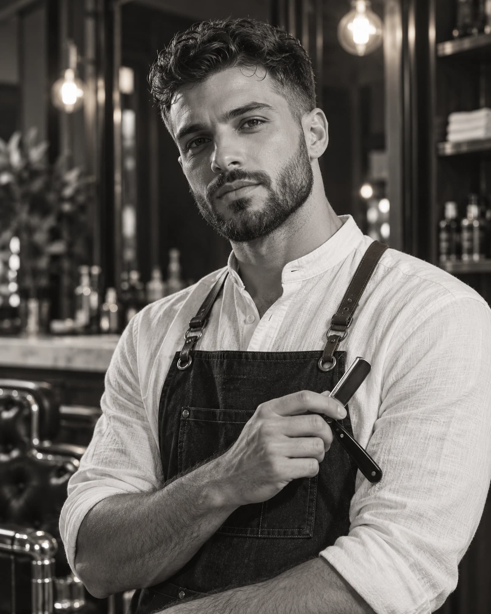 Černobílý portret barbera s břitvou