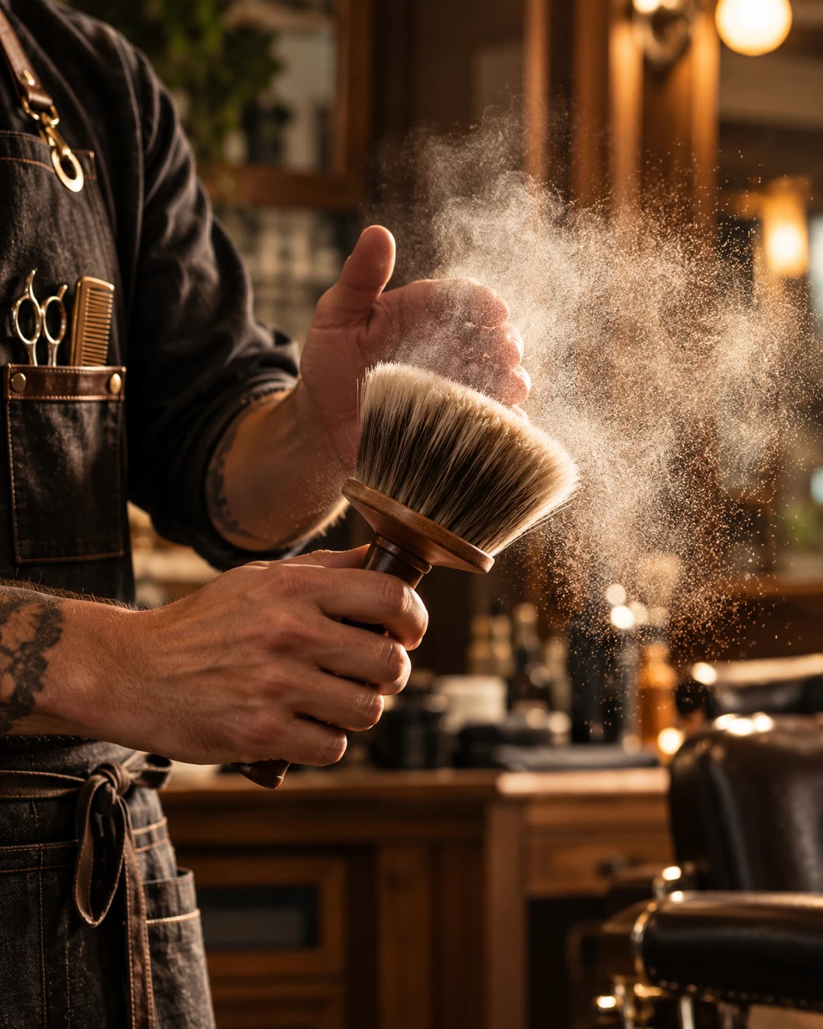 Barber oprašuje štětkou po stříhání