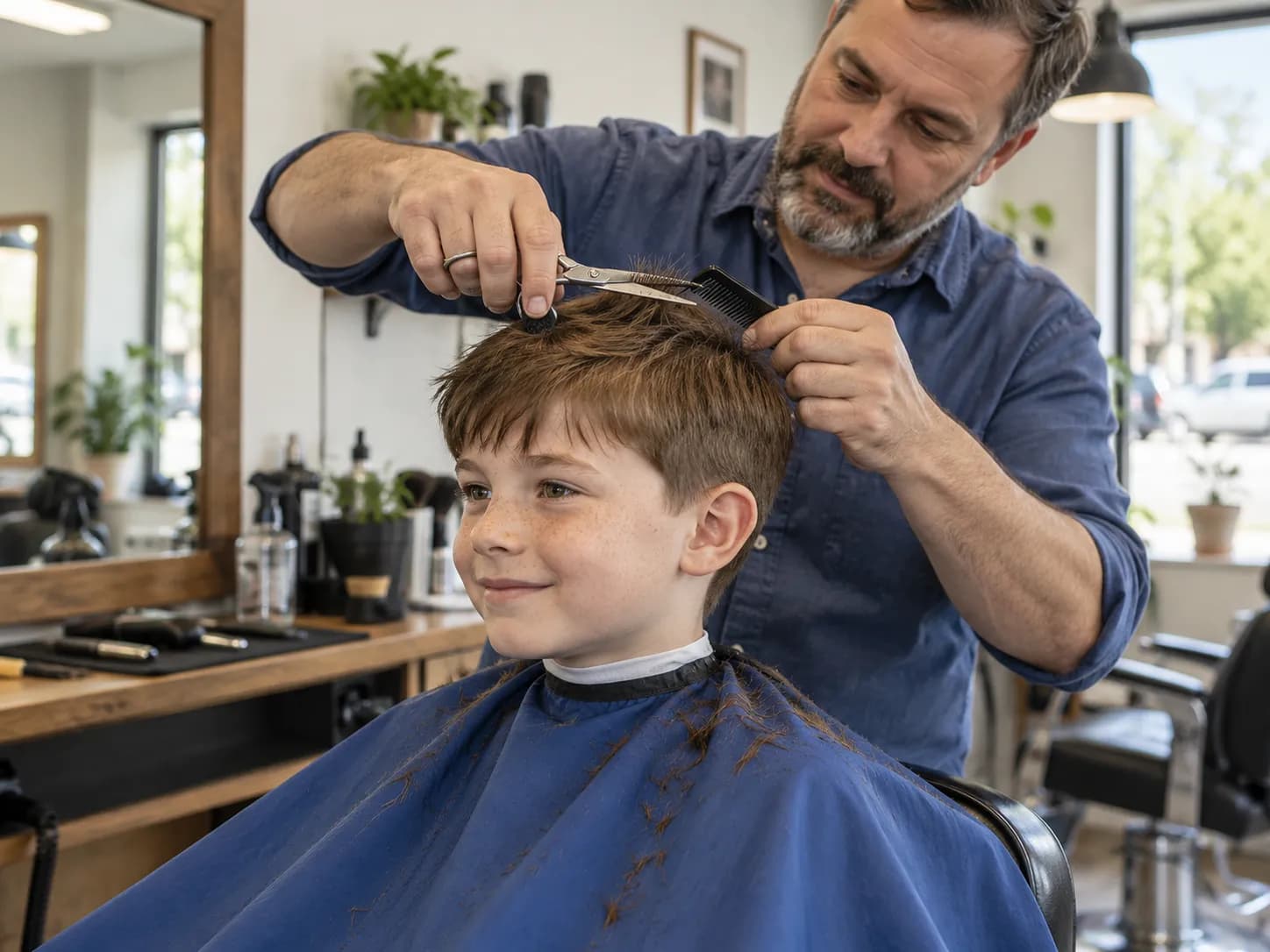 Barber stříhá usmívajícímu se chlapci nůžkami