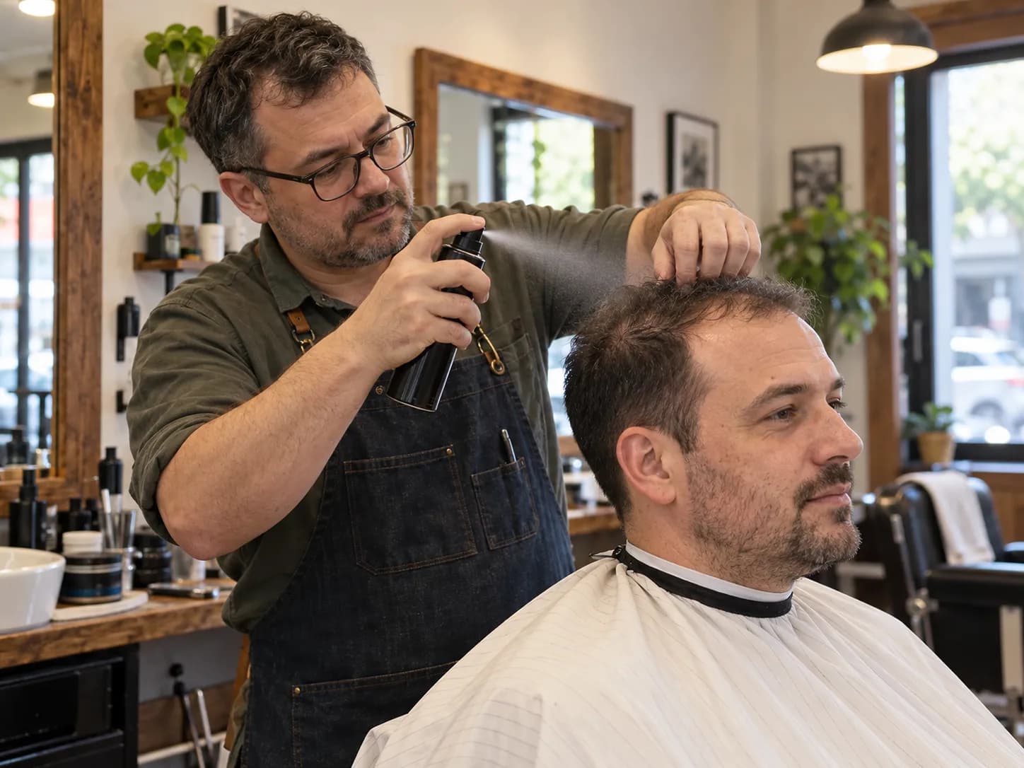 Barber upravuje vlasy klientovi sprejem při stříhání