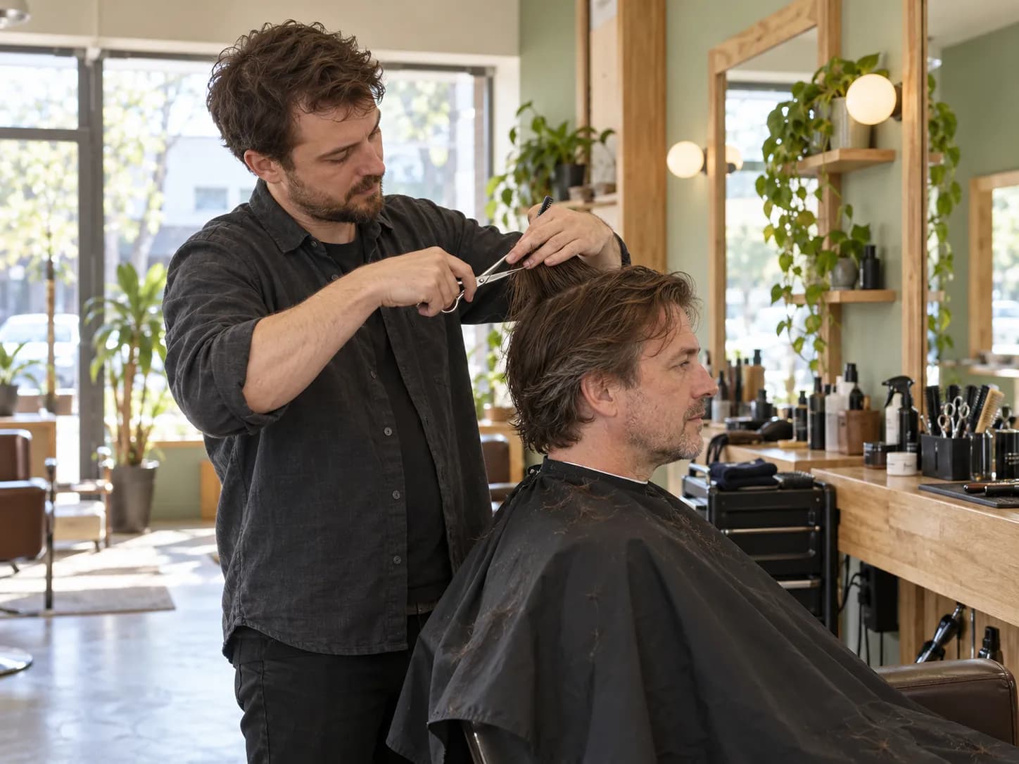 Barber stříhá klienta nůžkami ve světlém holičství