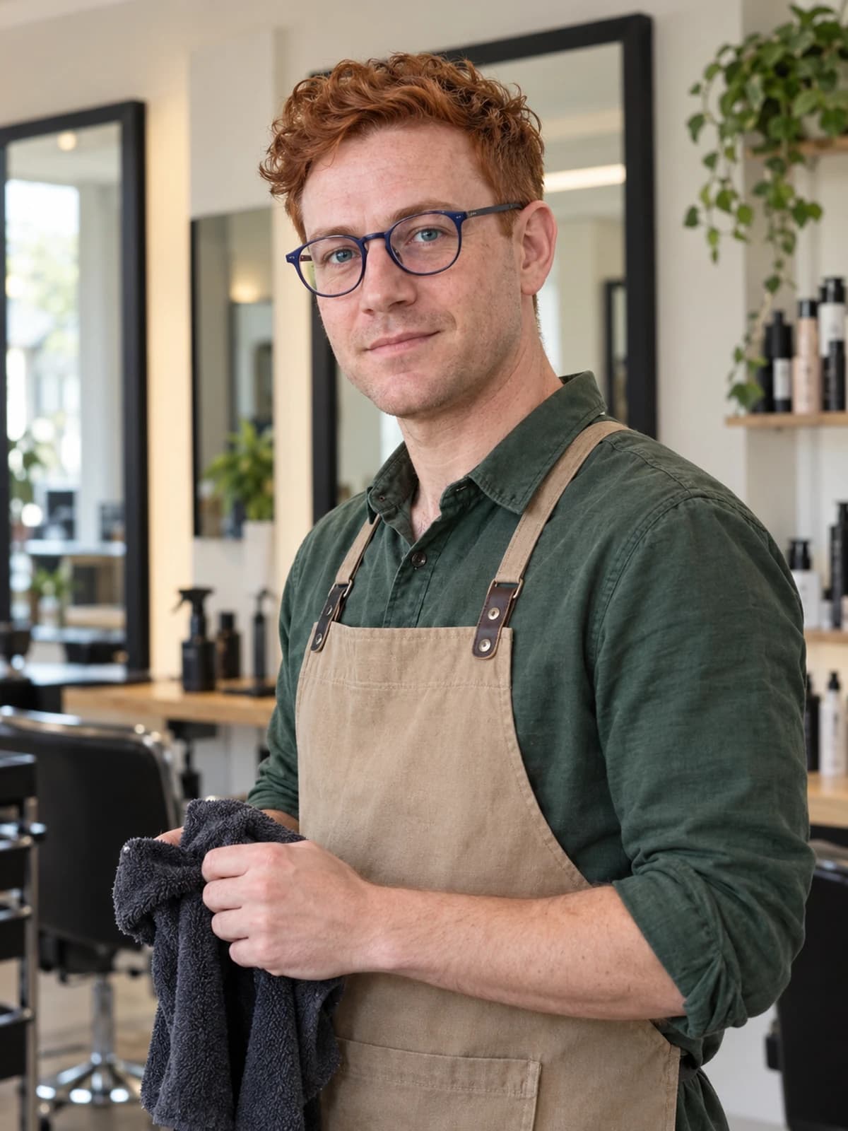 Zrzavý barber s brýlemi a ručníkem v ruce