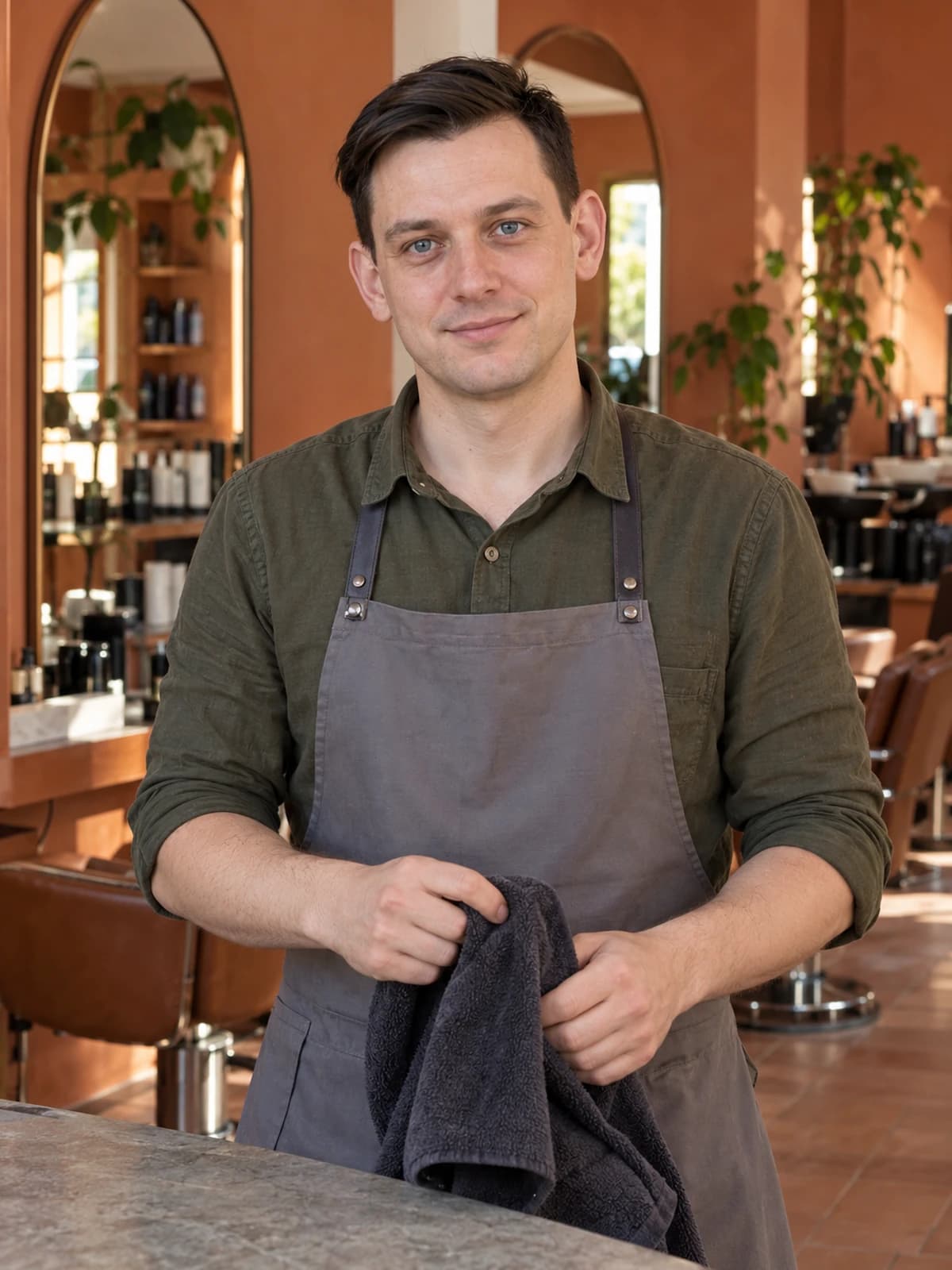 Barber v zástěře s ručníkem u kožené pracovní plochy