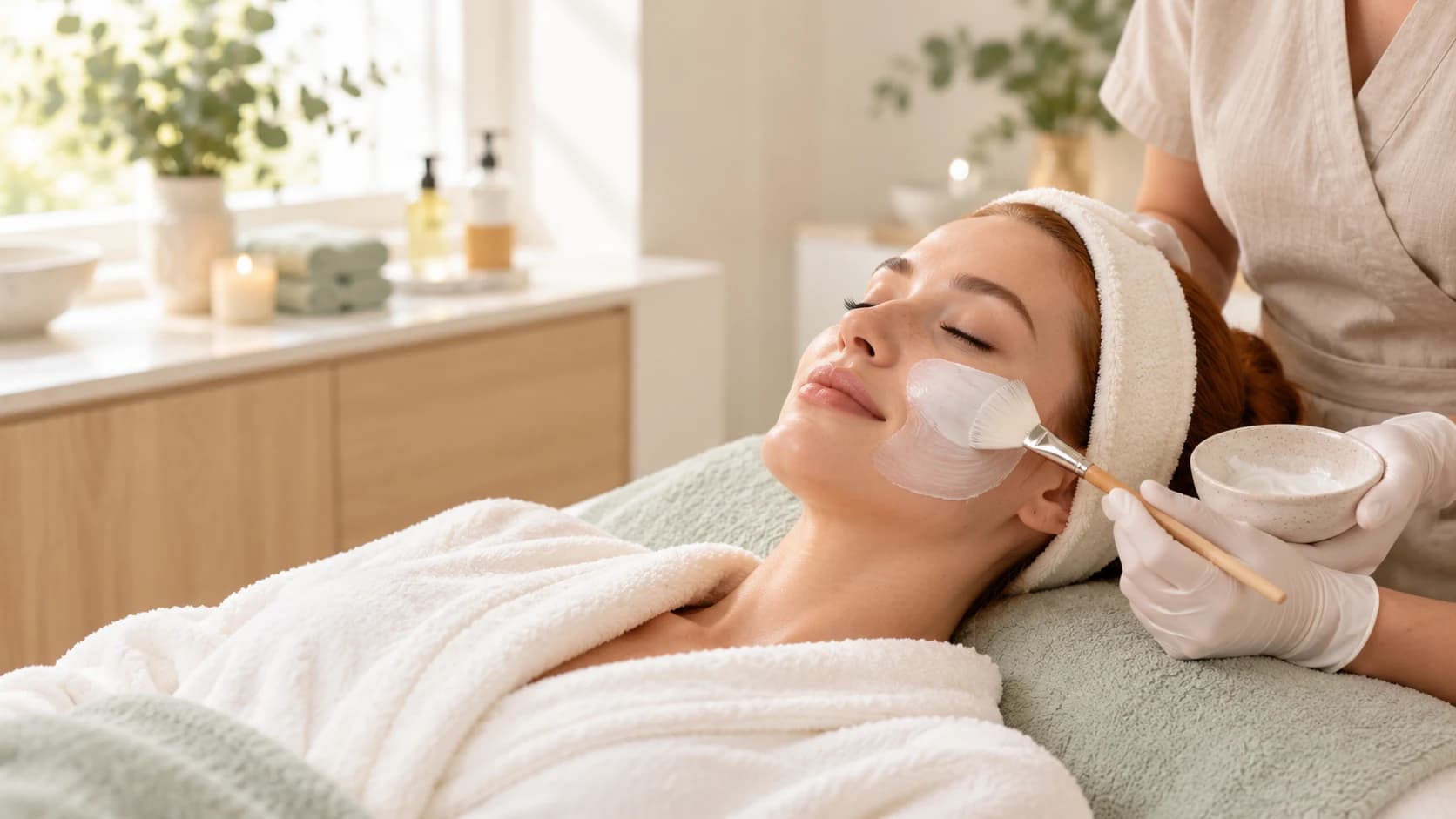 Žena s pleťovou maskou na lehátku v klidném salonu