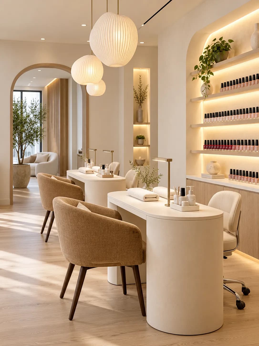 Elegantní manikérský salon s oblouky, závěsnými lampami a regály s laky
