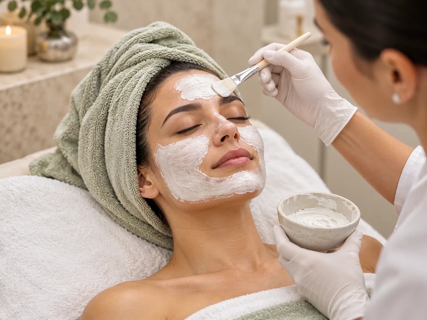 Klientka v zeleném turbanu s pleťovou maskou