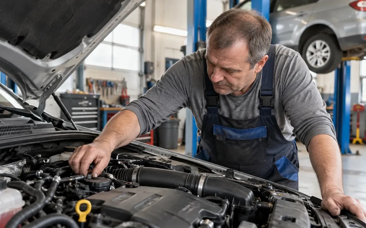 Mechanik kontroluje motor vozu s otevřenou kapotou