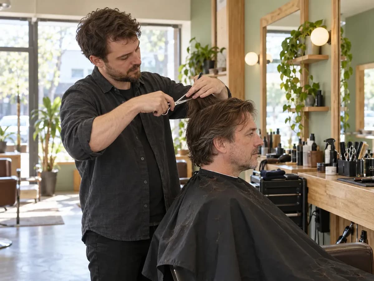 Barber stříhá klienta nůžkami ve světlém holičství