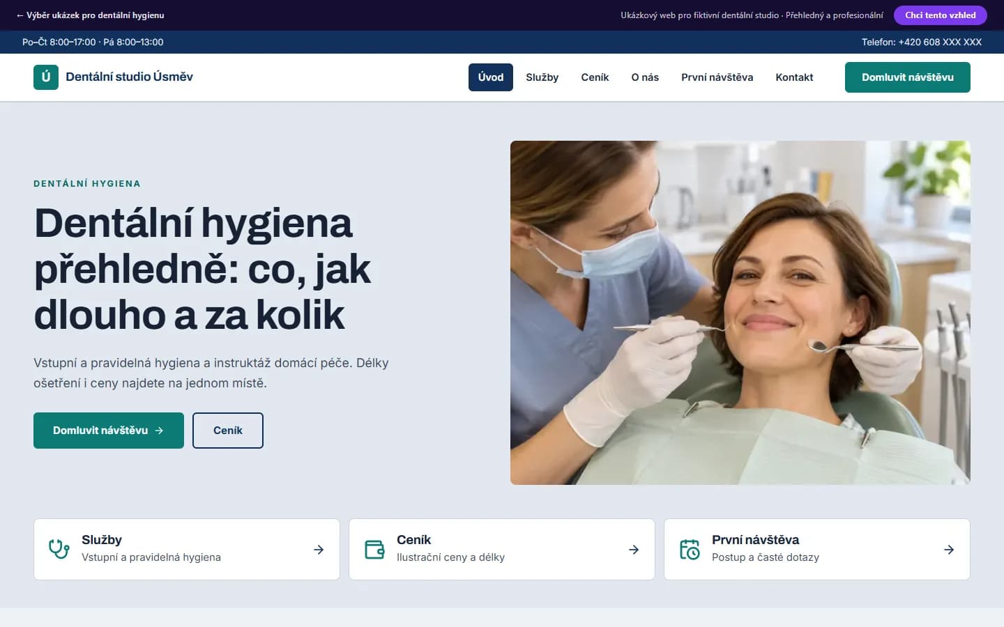 Náhled ukázky dentálního studia, design Přehledný a profesionální