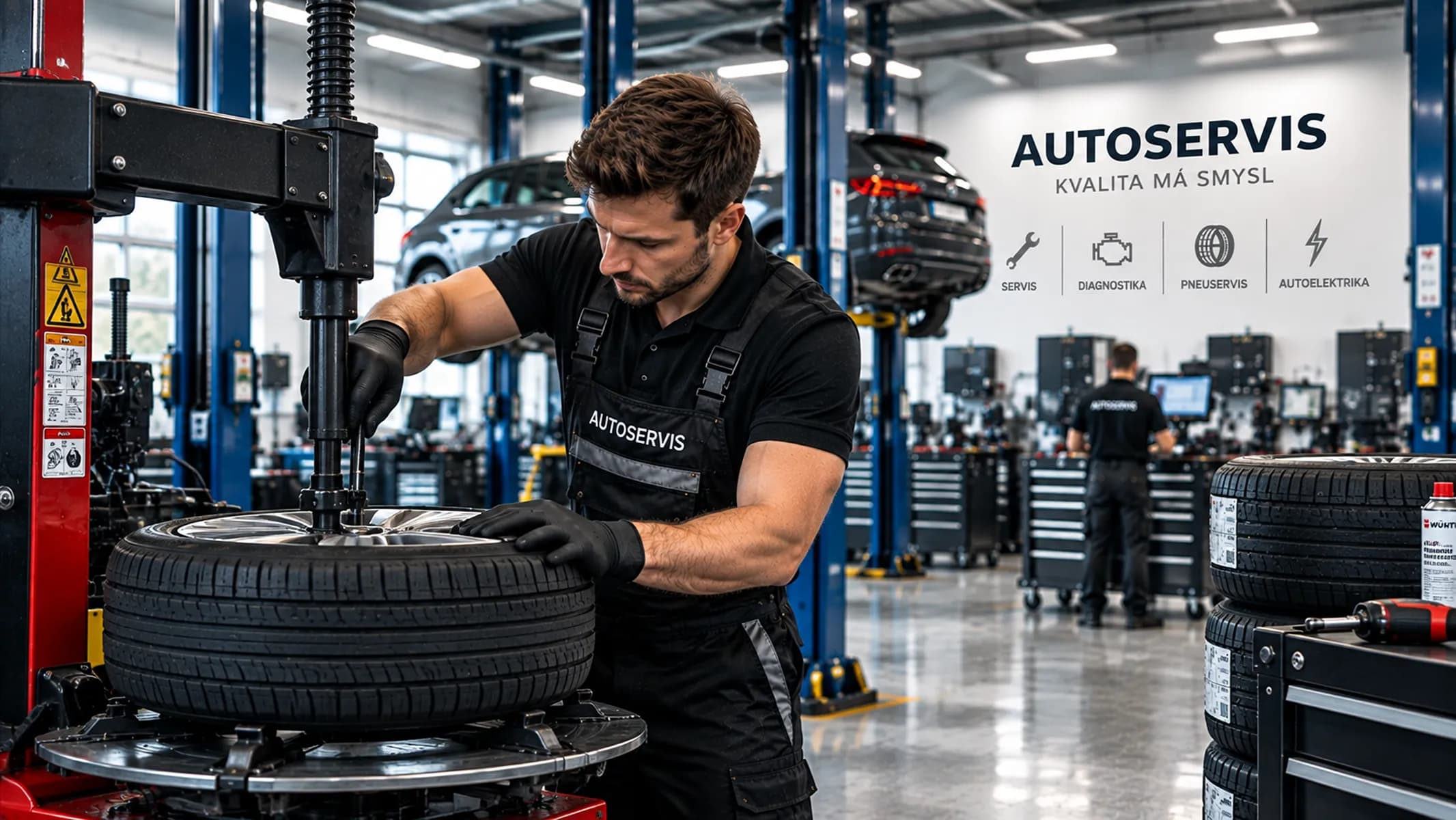 Mechanik pracuje s pneumatikou u montážního stroje