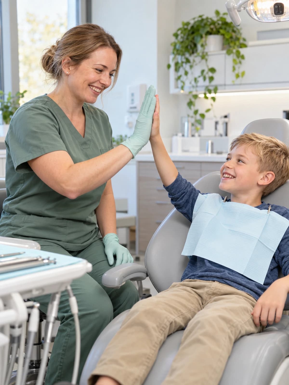 Hygienistka dává pětku chlapci v ošetřovacím křesle