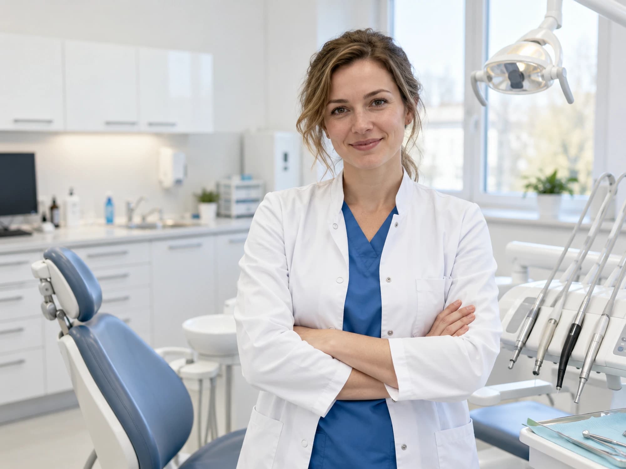 Hygienistka v bílém plášti s rukama zkříženýma v ordinaci