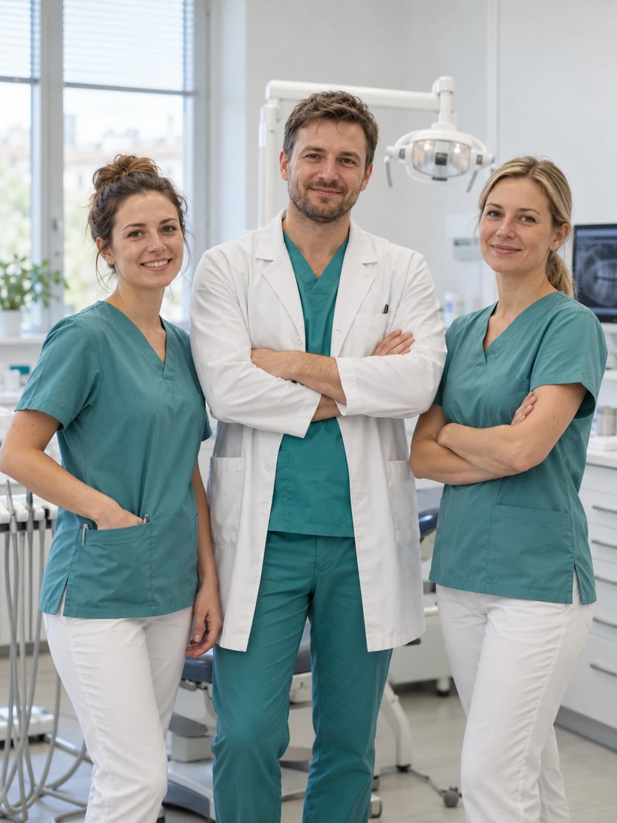 Tři členové týmu v zelených uniformách před ošetřovnou