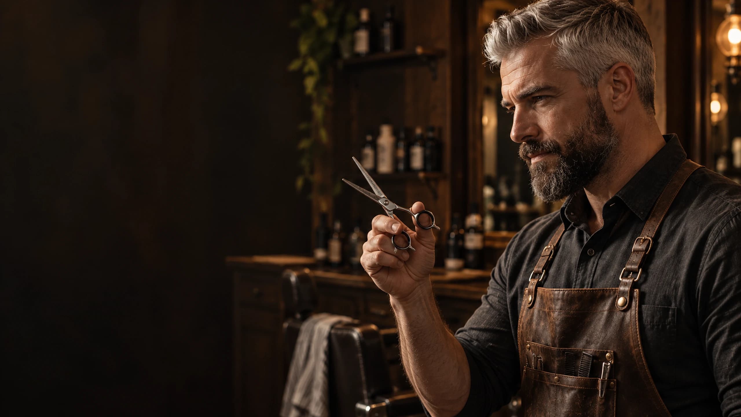 Barber v kožené zástěře drží nůžky u zrcadla
