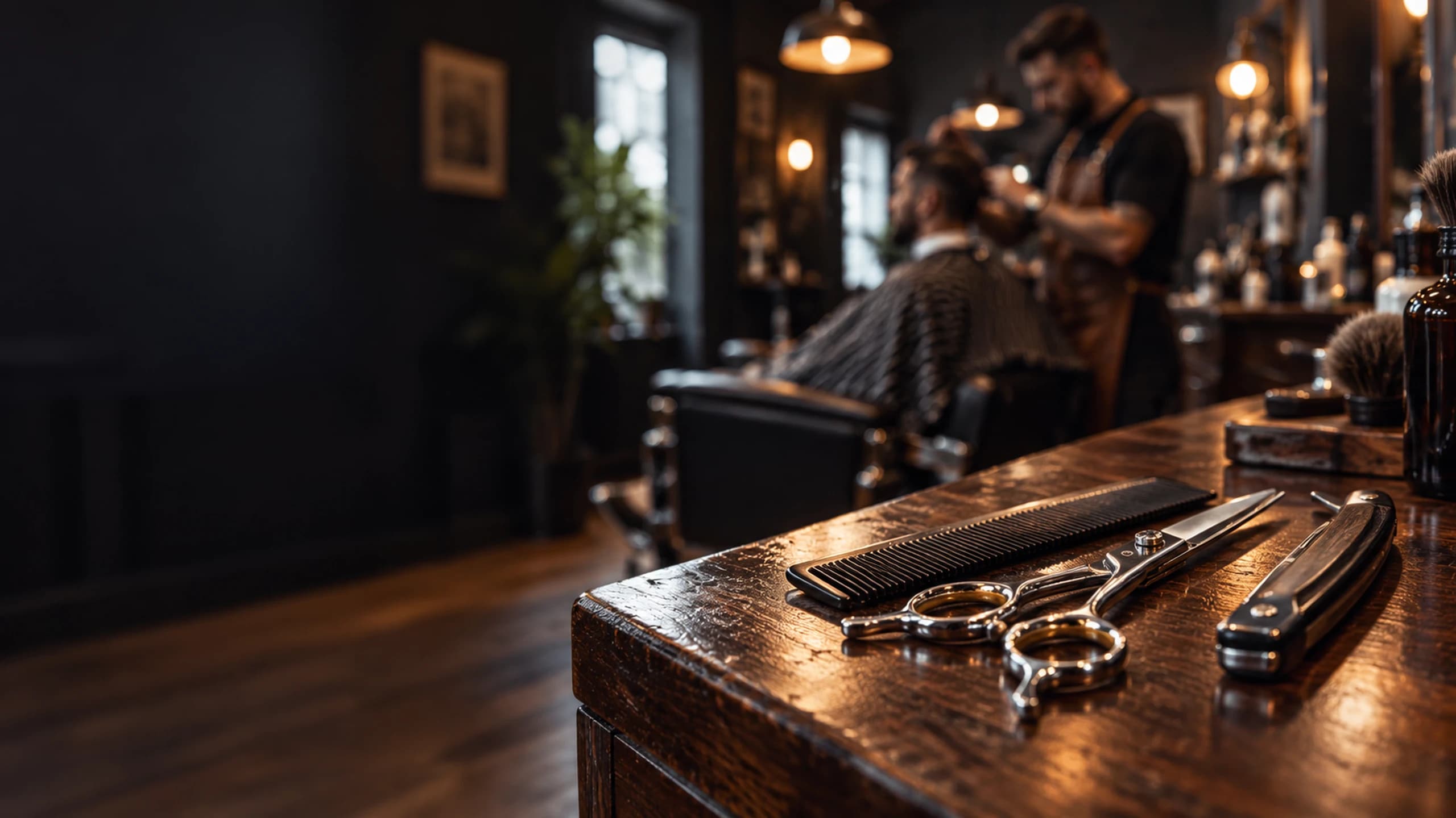 Nůžky a hřebeny na dřevěném pultu, v pozadí barber při práci
