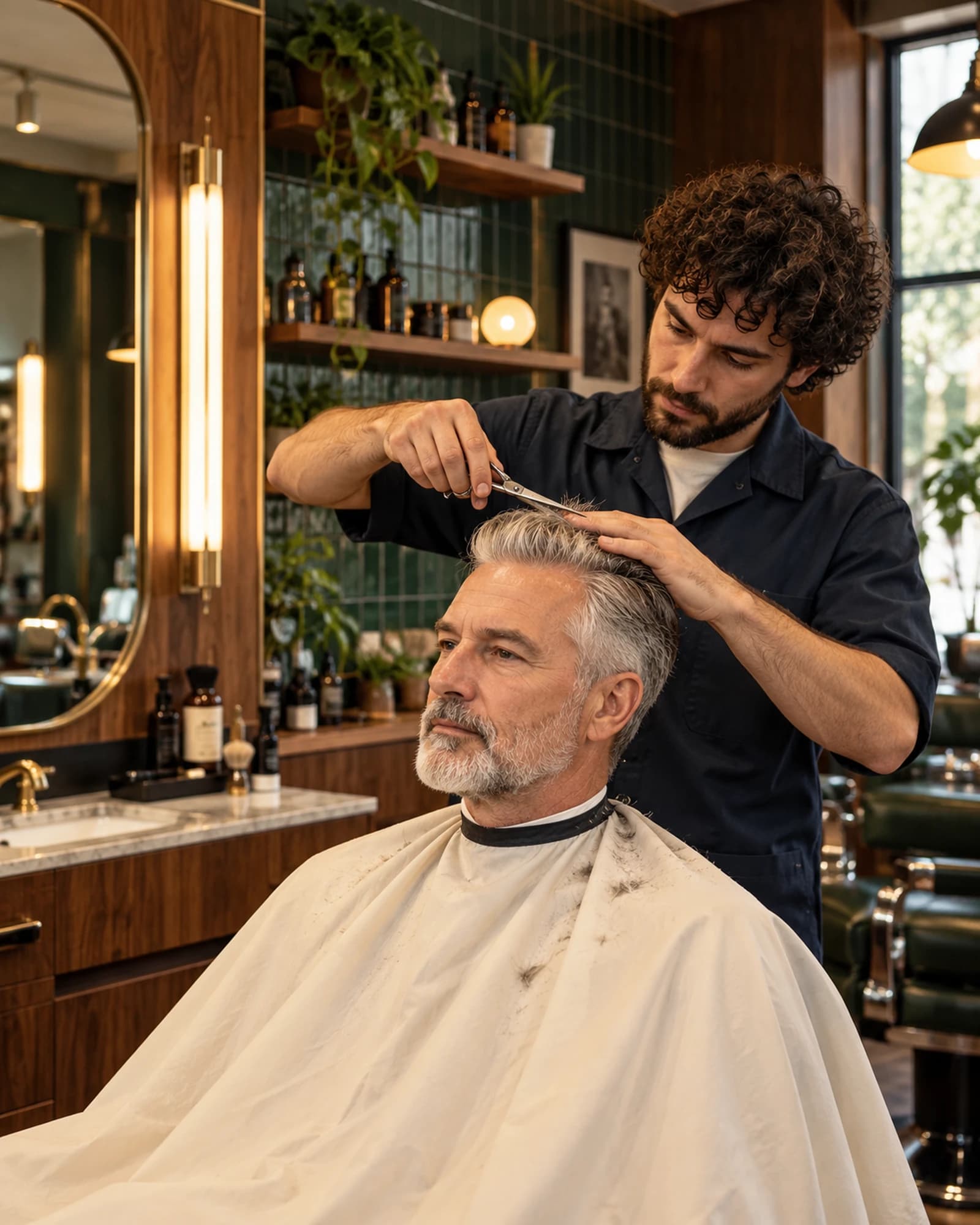 Barber stříhá šedovlasého klienta v bílé pláštěnce