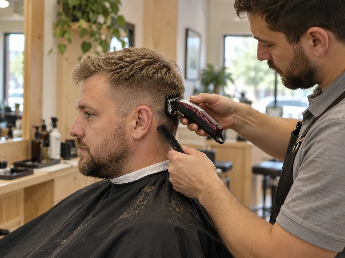 Barber dělá klientovi přechod strojkem u spánku