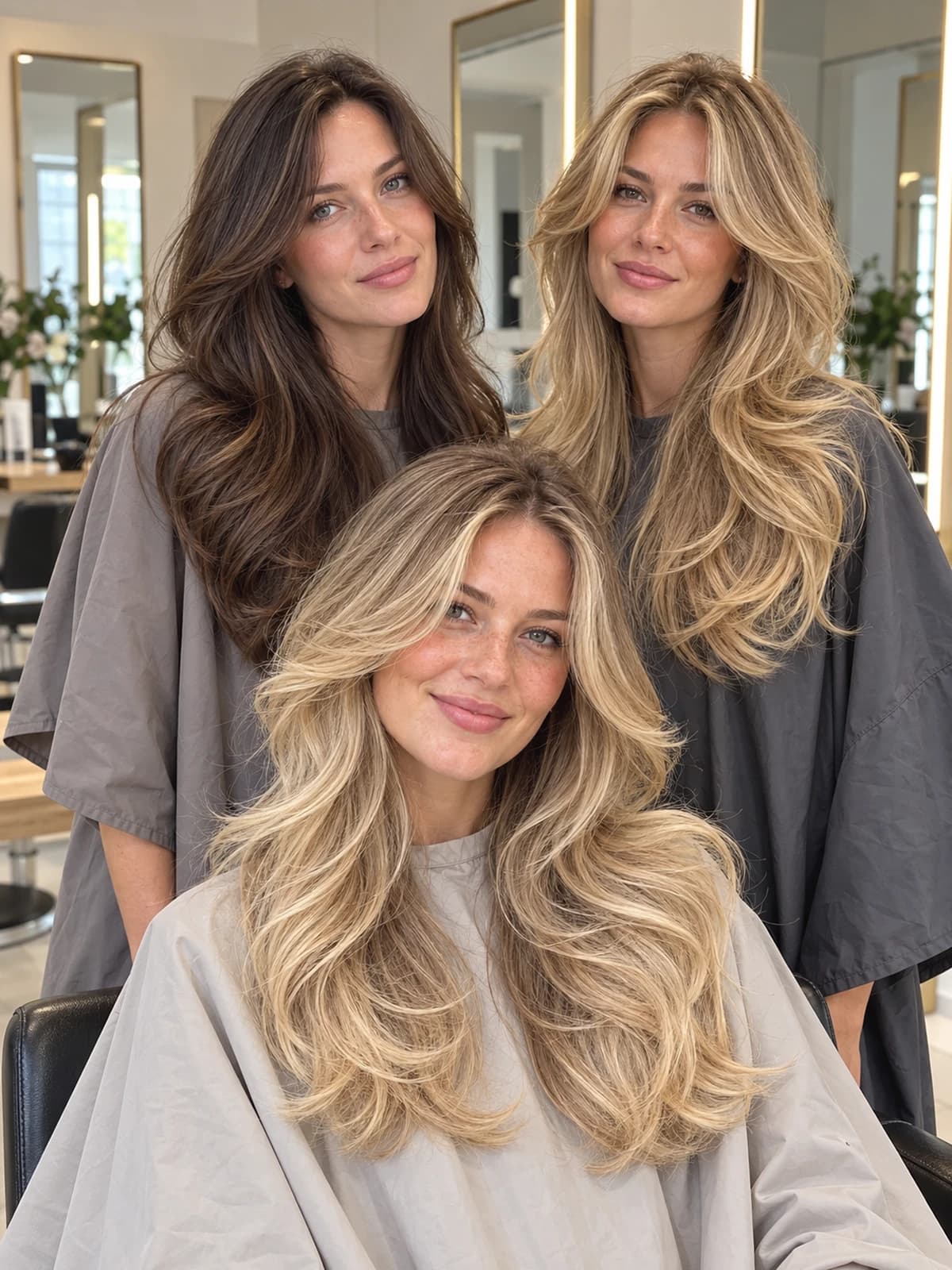 Tři ženy s dlouhými vlnitými účesy v odstínech od hnědé po blond