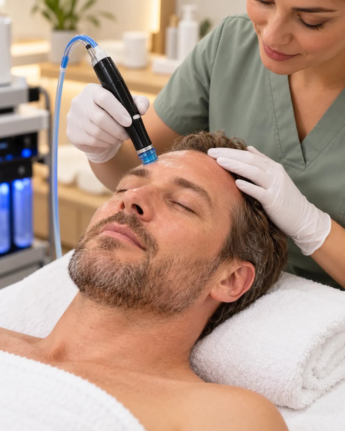 Muž při ošetření pleti pomocí hydradermabraze