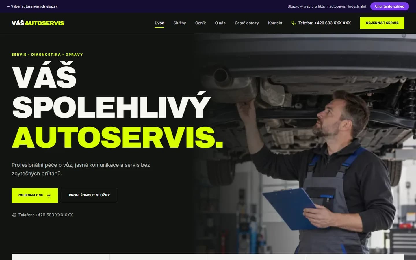 Náhled ukázky autoservisu, design Industriální