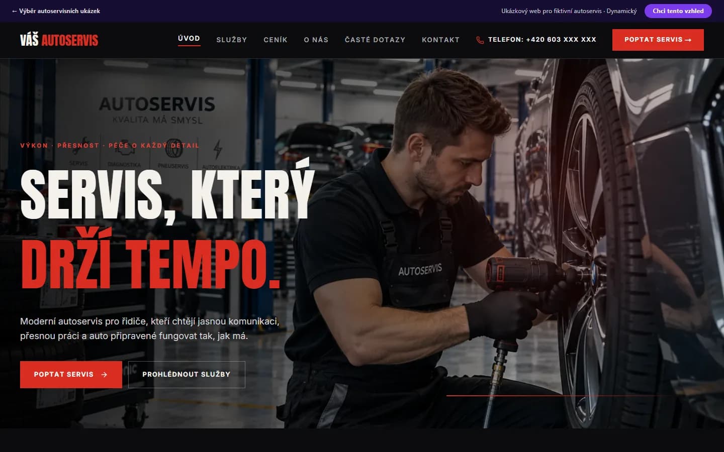 Náhled ukázky autoservisu, design Dynamický